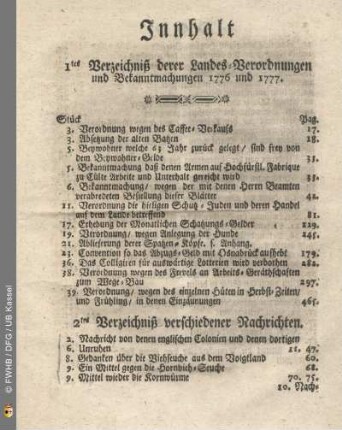 Inhalt. 1tes Verzeichniß derer Landes-Verordnungen und Bekanntmachungen 1776 und 1777