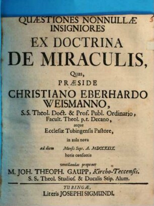 Quaestiones nonnullae insigniores ex doctrina de miraculis