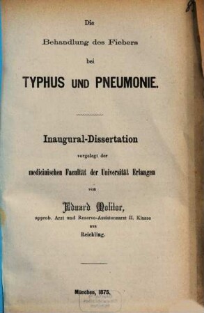 Die Behandlung des Fiebers bei Typhus und Pneumonie