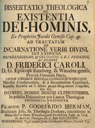 Dissertatio Theologica De Existentia Dei-Hominis, Ex Prophetia Jacobi Genesis Cap. 49 : Ad Tractatum De Incarnatione Verbi Divini