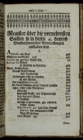 Register über die vornehmsten Sachen so in diesen 4. dutzend Wundartzneyischer Anmerckungen enthalten sind.