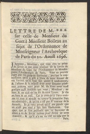 Lettre De M. *** sur celle de Monsieur du Guet à Monsieur Boileau au sujet de l'Ordonnance de Monseigneur l'Archevêque ...