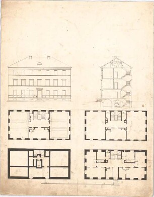 Voit, Johann Michael; Wohnhaus - Grundrisse, Ansicht, Querschnitt