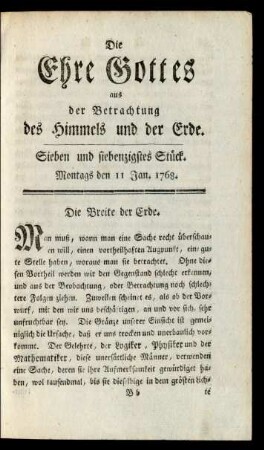 Sieben und siebenzigstes Stück. Montags den 11 Jan. 1768