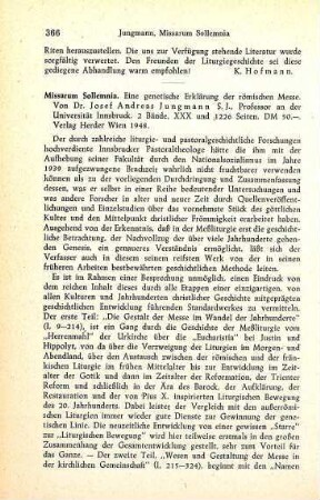 366-367 [Rezension] Jungmann, Josef Andreas, Missarum sollemnia