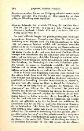 366-367 [Rezension] Jungmann, Josef Andreas, Missarum sollemnia