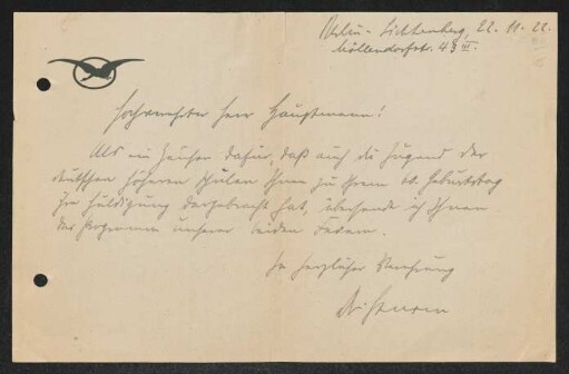 Brief von Unbekannt an Gerhart Hauptmann