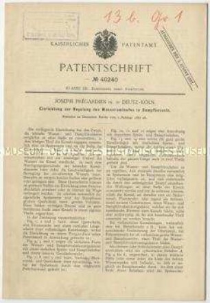 Patentschrift einer Einrichtung zur Regelung des Wasserumlaufes in Dampfkesseln, Patent-Nr. 40240