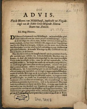 Advis, Van de Heeren van Middelburgh, ingebracht ter Vergaderingh van de Edele Groot-Mogende Heeren Staten van Zeelant