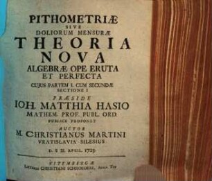 Pithometriae sive doliorum mensurae theoria nova Algebrae ope eruta