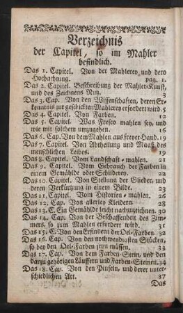 Verzeichnis der Capitel, so im Mahler befindlich.