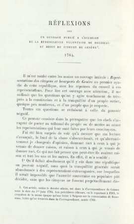 Réflexions sur un ouvrage publié à l'occasion de la renonciation volontaire de Rousseau au droit de citoyen de Genève