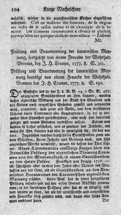 Prüfung und Beantwortung der Lavaterschen Meynung, beendigt von einem Freunde der Wahrheit.
