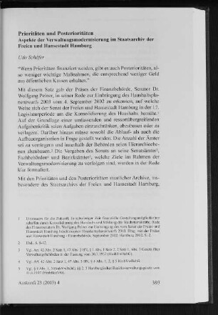 Prioritäten und Posterioritäten : Aspekte der Verwaltungsmodernisierung im Staatsarchiv der Freien und Hansestadt Hamburg
