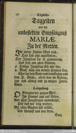 Tagzeiten von der unbeflekten Empfängniß Mariae