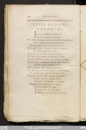 Fable Seizieme. La Hache appellée en Justice.