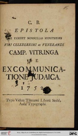 Epistola Quae Exhibet Nonnullas Hypotheses Viri Celeberrimi ac Venerandi Camp. Vitringa De Excommunicatione Judaica