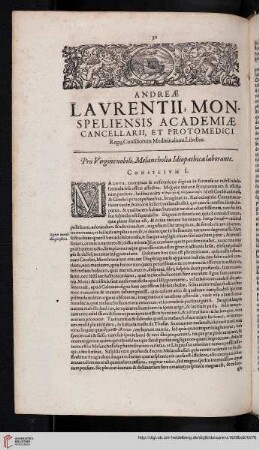 Andreae Lavrentii, Monspelliensis academiae cancellarii, et protomedici regii, consiliorum medicinalium libellus: Pro Virgine nobili, Melancholia Idiopathica labor ante
