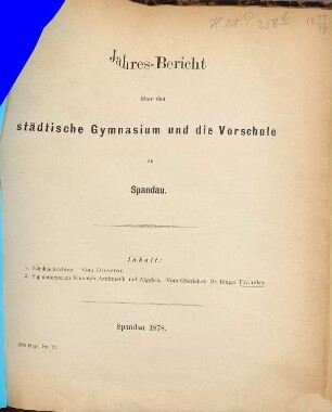 Jahresbericht über das Städtische Gymnasium und die Vorschule zu Spandow, 1877/78