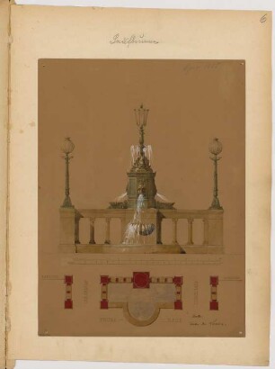 Laufbrunnen, Berlin Monatskonkurrenz April 1855: Grundriss, Aufriss Vorderansicht; 2 Maßstabsleisten