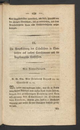 IX. Die Verpflichtung der Schullehrer in Chursachsen auf Lutheri Catechismum und die Augsburgische Consession