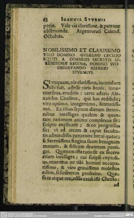 Nobilissimo Et Clarissimo Viro Domino Guilielmo Cecilio Equiti A Consiliis Secretis Serenissimae Reginae, Domino Suo Observando Ioannes Sturmius