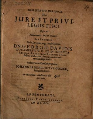 Disp. ... de iure et privilegiis fisci