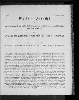Nr. 28. Erster Bericht des von der Bürgerschaft am 6. Mai 1863 niedergesetzten, am 21. October um zwei Mitglieder verstärkten Ausschusses zur Prüfung der Communal-Verhältnisse des Amtes Ritzebüttel. November 1863.