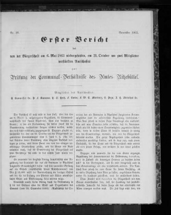 Nr. 28. Erster Bericht des von der Bürgerschaft am 6. Mai 1863 niedergesetzten, am 21. October um zwei Mitglieder verstärkten Ausschusses zur Prüfung der Communal-Verhältnisse des Amtes Ritzebüttel. November 1863.