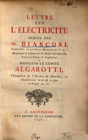 Lettre sur l'Electricité à M. le comte Algarotti