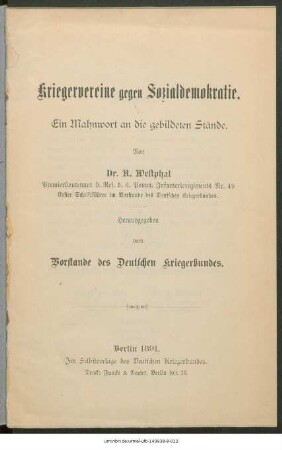 Kriegervereine gegen Sozialdemokratie : ein Mahnwort an die gebildeten Stände