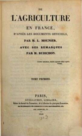 De l'agriculture en France d'après les documents officiels, 1