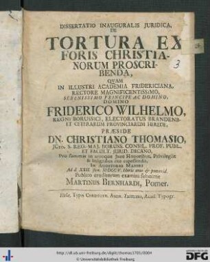 Dissertatio Inauguralis Juridica, De Tortura Ex Foris Christianorum Proscribenda