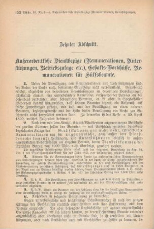 Zehnter Abschnitt. Außerordentliche Dienstbezüge (Remunerationen, Unterstützungen, Betriebszulage etc.), Gehalts-Vorschüsse, Remunerationen für Hülfsbeamte.