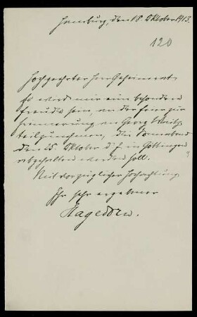 Nr. 6: Brief von Anton Hagedorn an Ferdinand Frensdorff, Hamburg, 18.10.1913