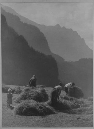 Familie bei der Heuernte im Hochgebirge
