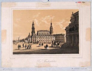 Der Theaterplatz in Dresden nach Osten, Blick auf den Schlossplatz mit der Treppe zur Brühlschen Terrasse, mittig die Katholische Hofkirche und das Schloss mit Schlossturm, rechts die erste Semperoper