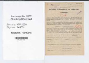 Entnazifizierung Hermann Neukirch, geb. 19.09.1912 (Schuhmacher)
