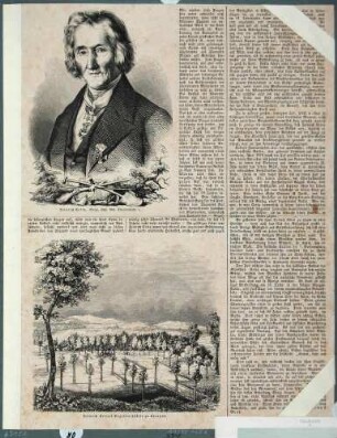 Zeitungsseite mit dem Bildnis und der Grabstätte Heinrich Cottas in Tharandt und umseitig einem Text aus der Illustrierten Zeitung von 1845