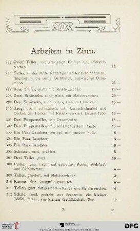 Arbeiten in Zinn (Nr. 295-312)