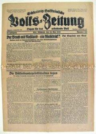 Sozialdemokratische Tageszeitung "Schleswig-Holsteinische Volks-Zeitung" u.a. zur Weltwirtschaftskonferenz in Genf