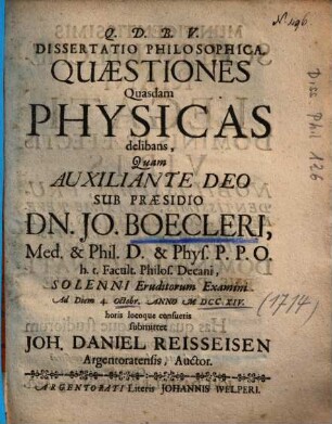 Dissertatio Philosophica, Quaestiones Quasdam Physicas delibans