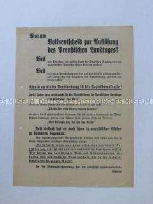 Propagandaflugblatt der DNVP für den Volksentscheid zur Auflösung des Preußischen Landtags