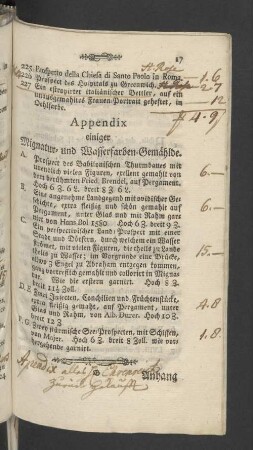 Appendix einiger Mignatur- und Wasserfarben-Gemählde.