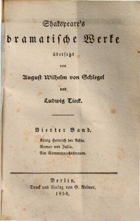 Shakspeare's dramatische Werke, 4. König Heinrich der Achte [u.a.]