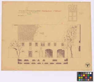Oberlungwitz ([Amtshauptmannschaft] Glauchau): Bauerngehöft (Pferdefrohngut F. Schubert), Nummer 316. - Stallgebäude (Seiten-Ansicht). - Obergeschossfenster (Ansicht). - Giebel (Höhenschnitt). - Längswand (zwei Grundrisse)