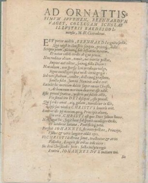 Ad Ornattissimvm Ivvenem, Bernhardvm Vaget, Collegam Scholæ Illvstris Bardesholmensis, M. H. Cunradinus.