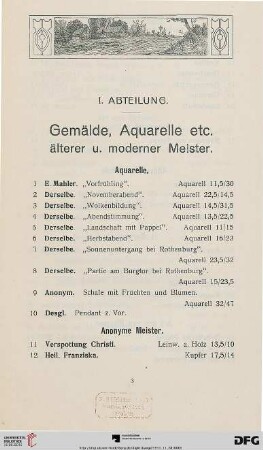 Gemälde, Aquarelle älterer u. moderner Meister (Nr. 1-198)