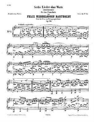 Felix Mendelssohn-Bartholdys Werke, 11,76. Nr. 76, Sechs Lieder ohne Worte : zweites Heft ; op. 30. - 13 S. - Pl.-Nr. M.B.76