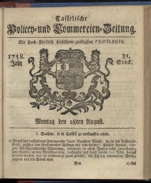 35. Stueck, Montag den 28ten August 1758